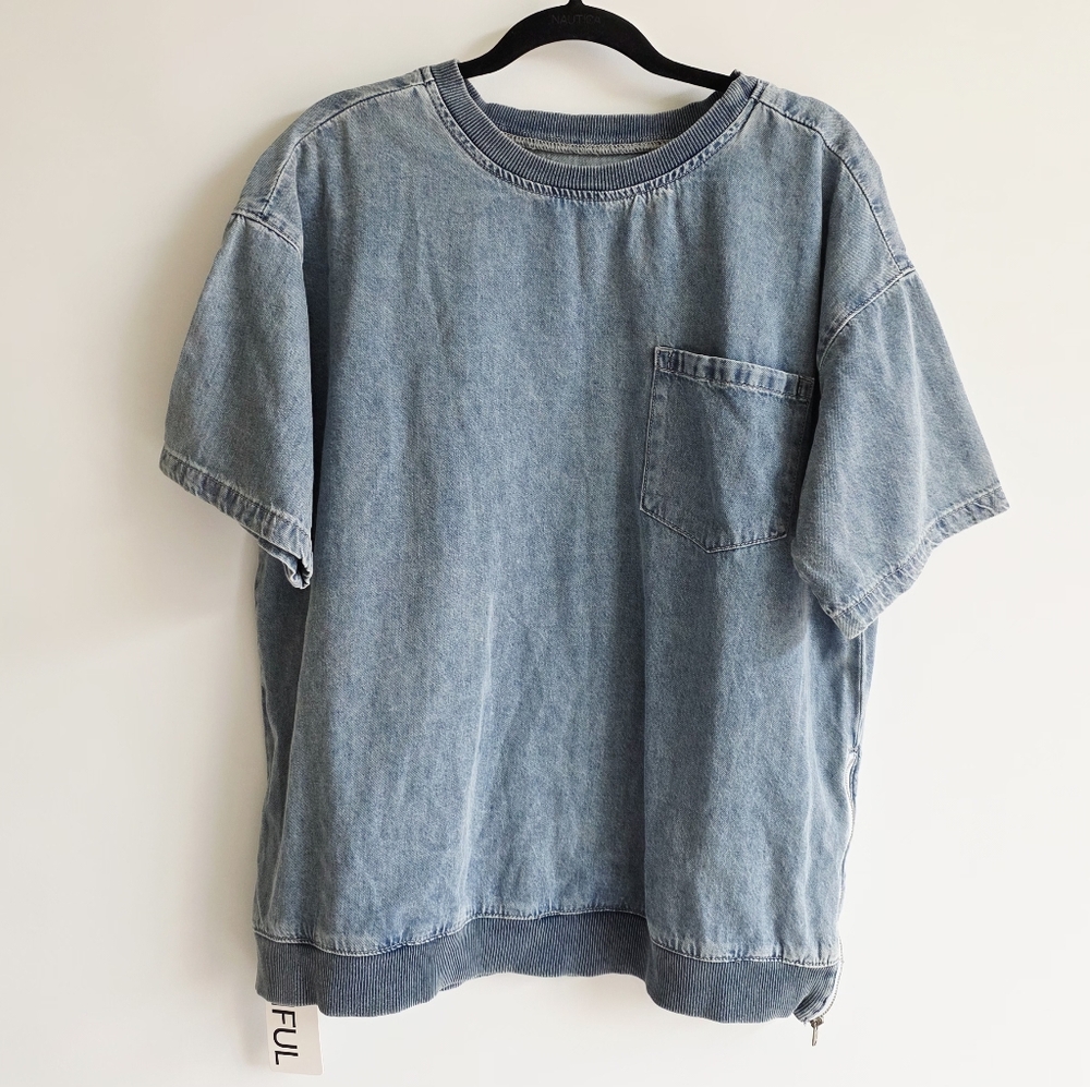 NWT Friful 100% Cotton Denim Short Sleeves Crew Neck Women's Blouse Size L